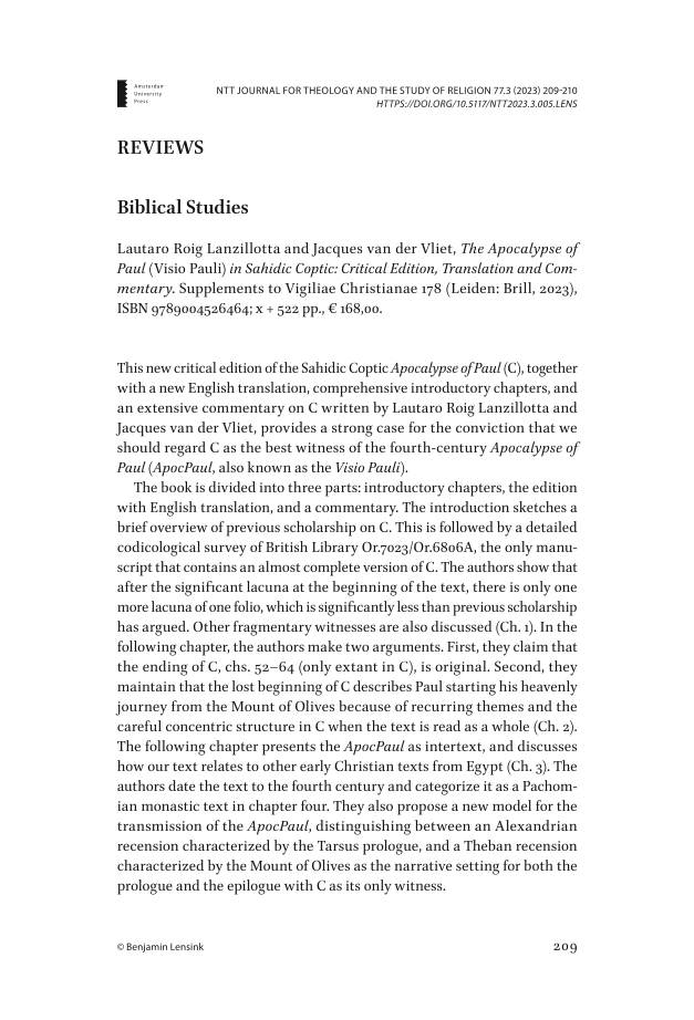 Commentary in: The Apocalypse of Paul (Visio Pauli) in Sahidic Coptic